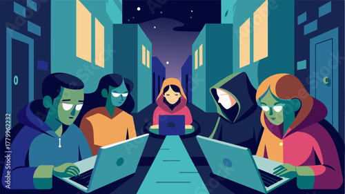 A group of digital nomads huddled together in a narrow alleyway their laptops open and screens glowing as they finish up their work before exploring the historic streets.. Vector illustration
