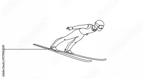 A minimalist single-line drawing depicts a ski jumper in full flight, showcasing dynamic motion and winter sport athleticism against a clean white background.