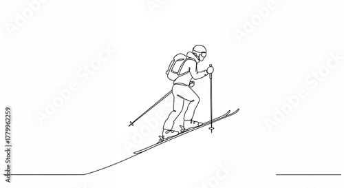 A minimalist single-line illustration features an intrepid ski mountaineer ascending a snowy slope with skis and poles, equipped with a helmet and backpack.