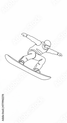 A skilled snowboarder is depicted mid-jump, executing a trick with arms outstretched, presented in a clean minimalist line art style on white.
