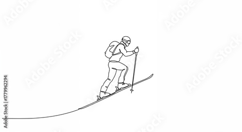 A ski mountaineer ascends a snowy mountain slope with skis and poles, depicted in a minimalist black single-line drawing on a clean white background.