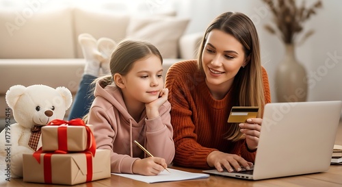 Wallpaper Mural A mother and daughter are shopping online for christmas gifts, using a laptop and credit card, while lying on the floor in their living room Torontodigital.ca