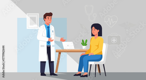 Vector illustration of doctor talking to patient in clinic, with medical icons in background. Flat modern design.