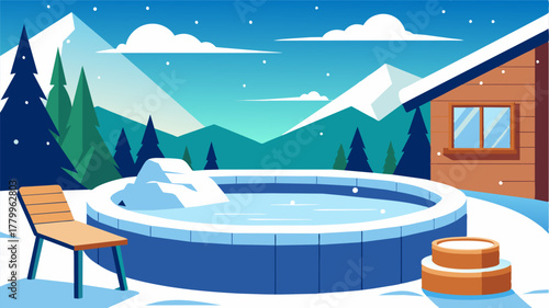 A snowcovered hot tub on the lodges deck providing the perfect spot for a relaxed work meeting amid the snowy scenery.. Vector illustration