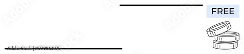 Text header with FREE next to simplified coin stack conveys cost-free, savings concept. Ideal for promotions, price reduction, special offers, affordability, savings, discounts, financial advantage