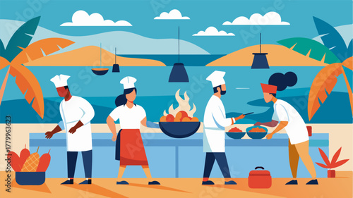A group of chefs cooking up a storm in a beachfront open kitchen ready to serve hungry guests.. Vector illustration