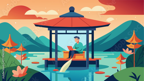 A man works from a traditional wooden gazebo in a Japanese garden enjoying the view of a graceful koi swimming in a pond below.. Vector illustration