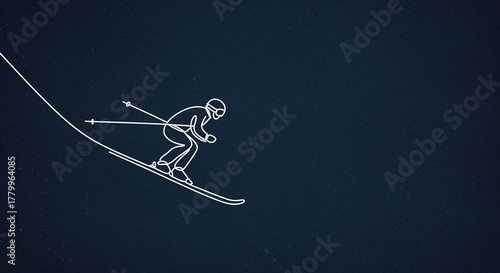 A dynamic white line art illustration features a person skiing downhill with poles on a textured deep blue background, providing generous copy space for text.