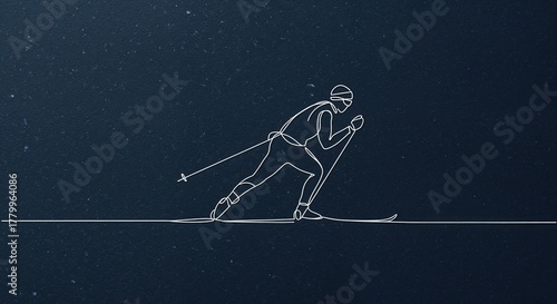 A continuous line drawing depicts a person cross-country skiing in full motion on a dark blue textured background with subtle speckles and ample copy space.