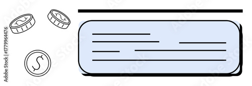 Coins with currency markers next to a blank check featuring simple lines. Ideal for finance, banking, transaction, savings, investment, payment, or economy concepts. Simple flat metaphor