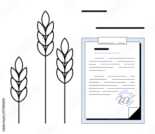 Wheat stalks beside a signed document convey agricultural agreements. Ideal for farming, agribusiness, legal, trade, sustainability, food production, contract themes in a simple flat metaphor