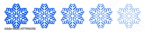 Set of blue snowflake icons drawn with different line thicknesses. Vector illustration showing winter symbols in clean outline style.