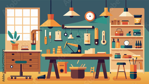 A fully equipped woodshop is available for members to bring their woodworking projects to life in this artistic coworking space.. Vector illustration