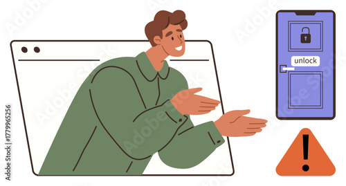 Person emerging from browser window gesturing at door with unlock symbol and caution sign. Ideal for guidance, opportunities, caution, security, decision-making, online access, motivation. Simple
