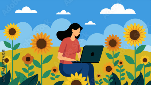 A lone figure laptop in hand working amidst a field of towering sunflowers.. Vector illustration