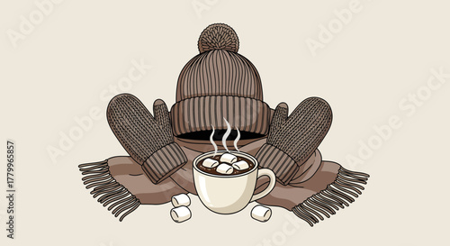 Cozy Winter Illustration Hot Chocolate Mug Surrounded by Knitted Hat, Scarf, and Mittens