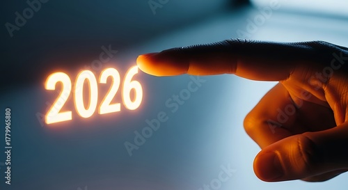 Future year 2026 glowing bright as a finger approaches to touch
