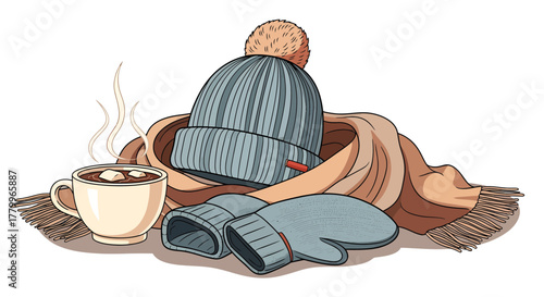 Cozy Winter Illustration Hot Chocolate Mug Surrounded by Knitted Hat, Scarf, and Mittens