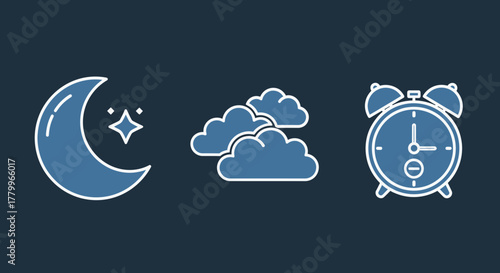 Sleep and Wake Up Icons Set Moon, Cloud, and Alarm Clock Illustration