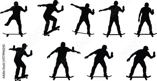 Skateboard silhouette, trick sequence, dynamic motion, beverage in hand, black and white art, balance skill, urban sport, action poseSkateboard silhouette, trick sequence, dynamic motion, beverage 