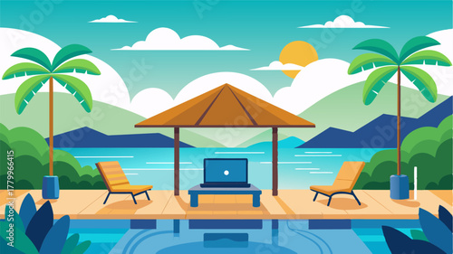 A poolside cabana has been converted into a coworking lounge with highspeed WiFi and a stunning view of the turquoise waters.. Vector illustration