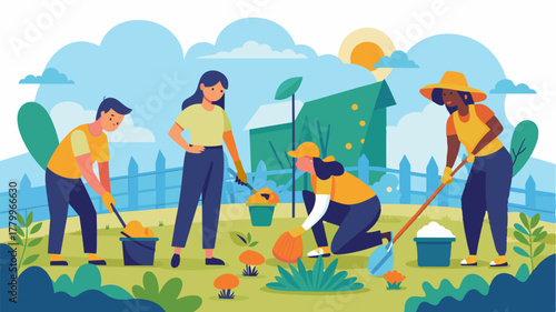 A group of volunteers clean and maintain the community garden located on the grounds of the cultural arts center.. Vector illustration