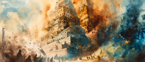 Surreal panorama biblical artwork of the Tower of Babel construction disrupted with chaotic shouting faces and divine confusion, symbolizing pride, division, mythology and human downfall.