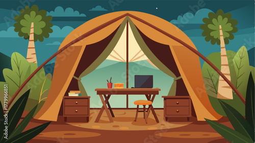 A cozy nook inside a safari tent furnished with a small desk and a plush chair inviting guests to get lost in their work.. Vector illustration
