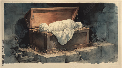 watercolor nativity scene of a wooden manger with straw and white cloth, softly lit in warm tones symbolizing divine birth, purity, peace and the humble beginning of faith.