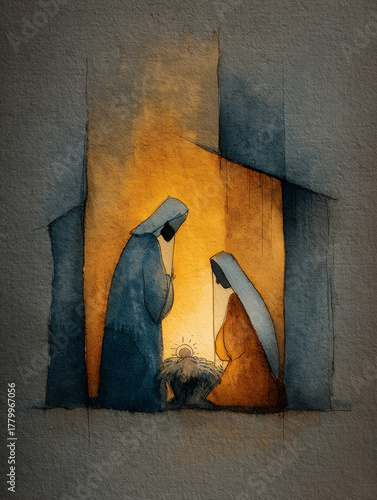 Watercolor sketch of the nativity scene with baby Jesus, Mary and Joseph surrounded by divine golden light, symbolizing faith, peace, holy love. Perfect for Christmas, religion and spirituality art.