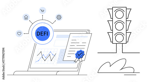 Laptop screen with DeFi elements, documents, charts, and icons showcasing financial tools. Traffic light emphasizing decision-making and strategy. Ideal for fintech, blockchain, finance, investment