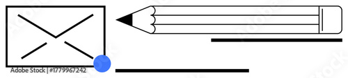 Envelope with a blue dot, pencil, and simple lines convey ideas of messaging, creativity, correspondence, writing, problem-solving, minimalism, and communication in a simple flat metaphor