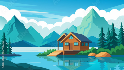 A rustic yet luxurious cabin surrounded by crystal clear waters and breathtaking views ideal for a workation. Vector illustration