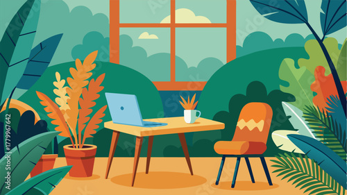 A cozy corner of a veranda lined with tropical plants featuring a desk chair and laptop for working.. Vector illustration