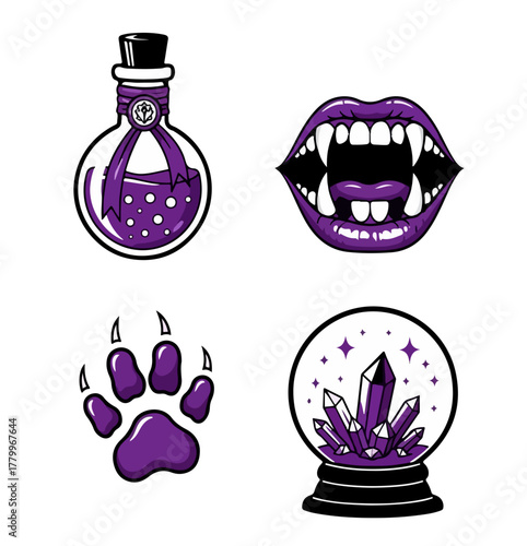Illustration of purple vampire mouth, crystal ball, paw print, and potion bottle in vector style
