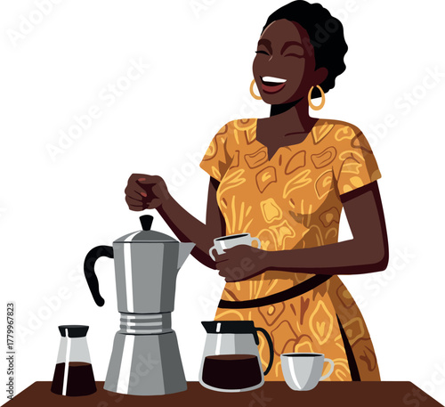 Happy African Woman Makes Coffee With Moka Pot
