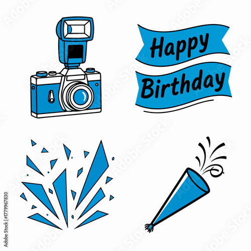 Vector illustration of birthday celebration elements with camera and blue confetti