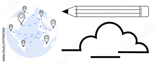 World map with location markers and dotted connection lines, pencil for creativity, cloud for storage. Ideal for technology, innovation, collaboration, design, creativity, networking communication