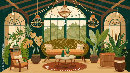 A bohemian sunroom with a mix of rattan and velvet furniture surrounded by potted plants and hanging macrame planters.