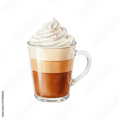 Watercolor Delicious Layered Latte Coffee Drink with Whipped Cream Illustration
