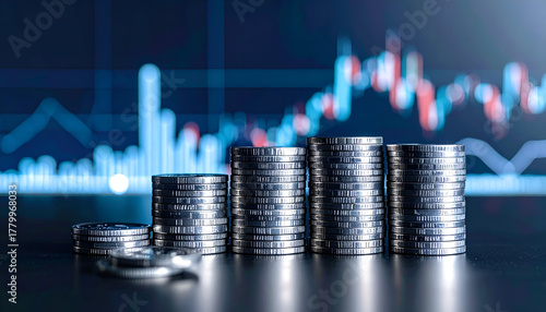 Financial growth theme with coins and stock chart, symbolizing investment returns, savings, trading and capital gain.