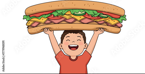 Happy Child Holding Giant Sandwich With Lettuce Tomato Cheese Meat