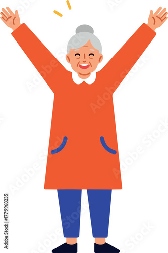 Happy Elderly Woman Arms Raised in Celebration Isolated on White Background