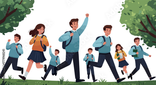 Happy Diverse Students Running Outdoors With Backpacks Green Trees Background Flat Design