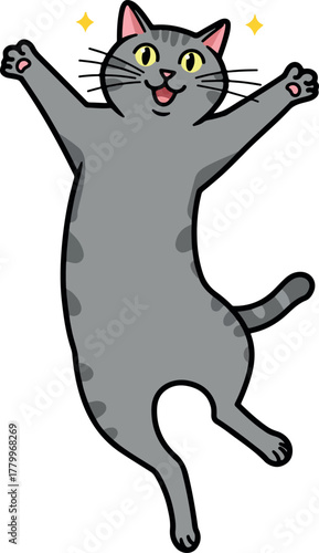 Happy Gray Tabby Cat Jumping with Joy and Sparkles