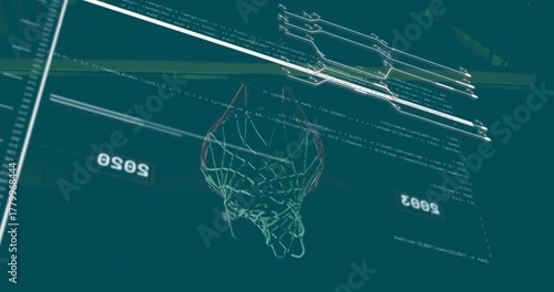 Solid basketball entering from lower, wireframe rim and net deforming as HUD updating year metrics