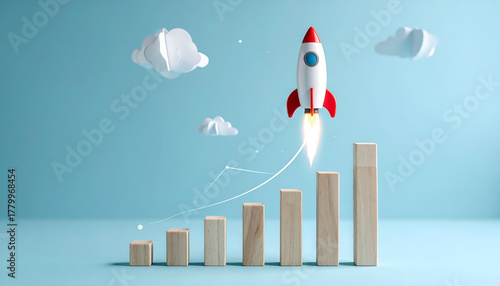 Rocket icon soaring above increasing bars and trend line, concept of success, ambition and accelerated development.
