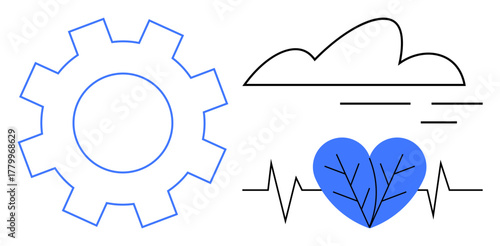 Gear with cloud, pulse line, and blue heart emphasizing innovation, health, and environment. Ideal for tech advancement, healthcare, eco-friendly solutions, wellness energy nature modern design