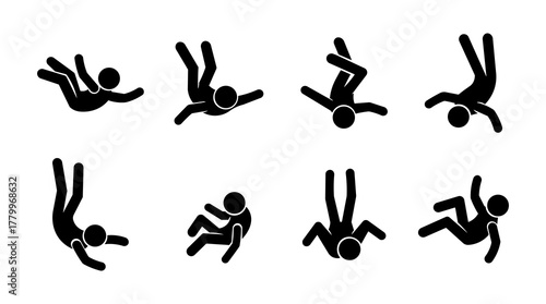 Stickman Falling Set - 8 Poses of Falling People Minimalist Flat Vector.