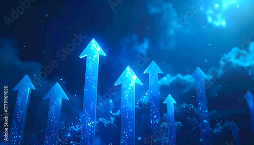 Glowing blue arrows rising through night sky and stars, symbolizing futuristic growth, success, and innovation.